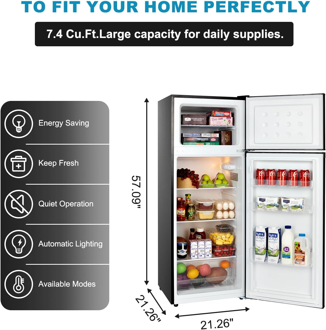 Frestec 7.4 CU' Refrigerator with Freezer, Apartment Size Refrigerator Top Freezer, 2 Door Fridge with Adjustable Thermostat Control, Freestanding, Door Swing, Black (FR 742 BK)