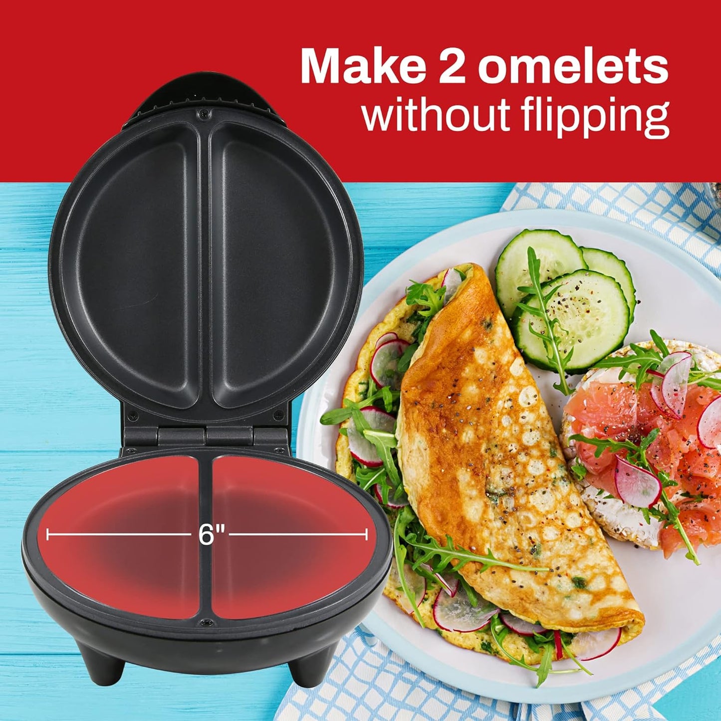 Elite Gourmet EOM205 Non-Stick Omelet, Frittata, Snack Pocket Maker, Dessert Maker, 2 Individual 6.5